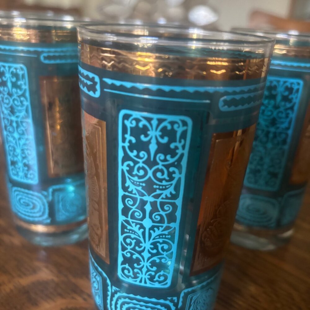 Set of 5 Mid-Century 22K Gold & Turquoise Aztec Tumblers - Picture 4 of 5